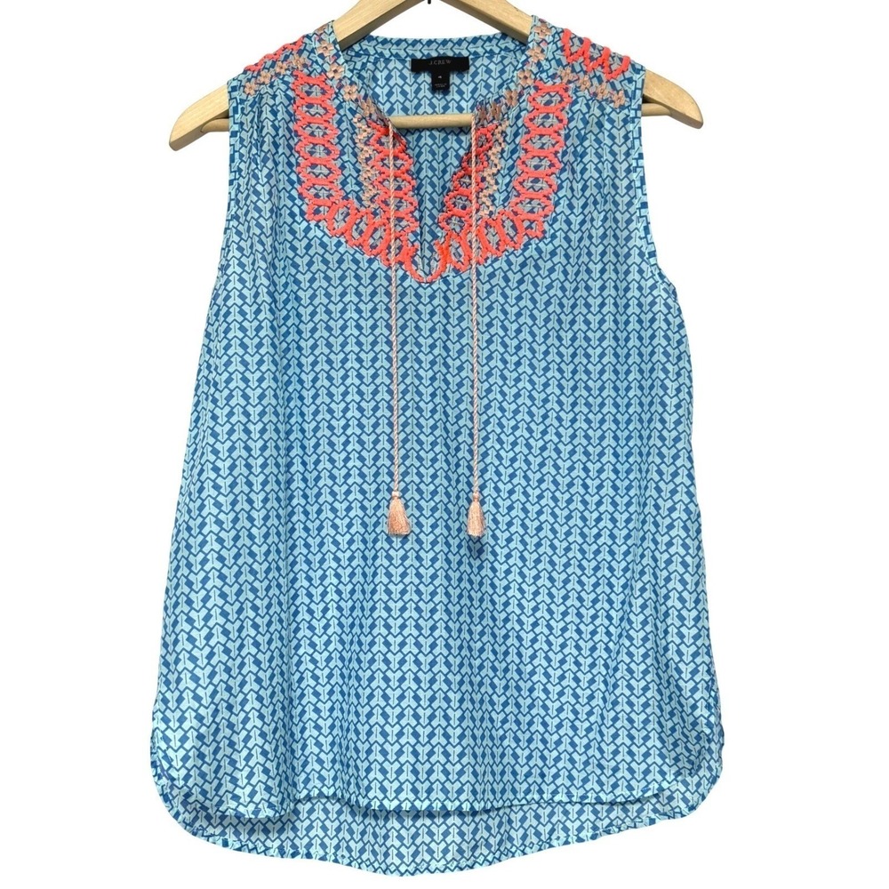J Crew Silk Blend Sleeveless Top Womens 4 Blue Geometric Embroidered Tassel Boho